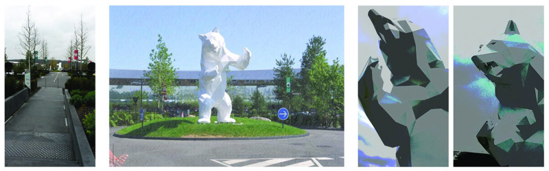 Figures 14, 15 et 16 : L’ours(e)               blanc(he). Œuvre de Richard Orlinski ; l’ours(e) qui captait la               lumière ; l’ourse, entre bestialité et humanité. 