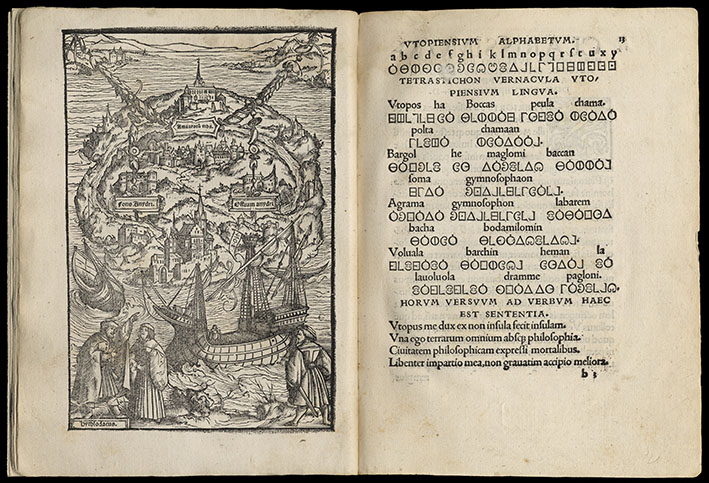 Figure 1 : MORE, Thomas (1516a), L’utopie (De optimo rei publicae statu,             deque nova insula Utopia), Louvain, Dirk Martens, 1516,             p. 12-13. 